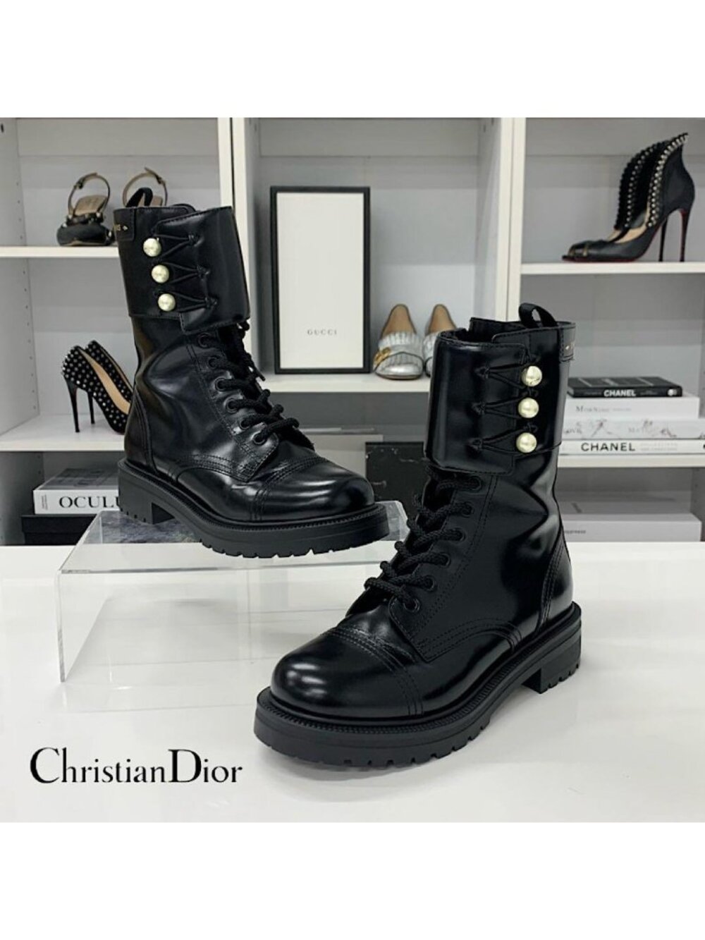 Dior D-Strike Logo Pearl Button Short Boots